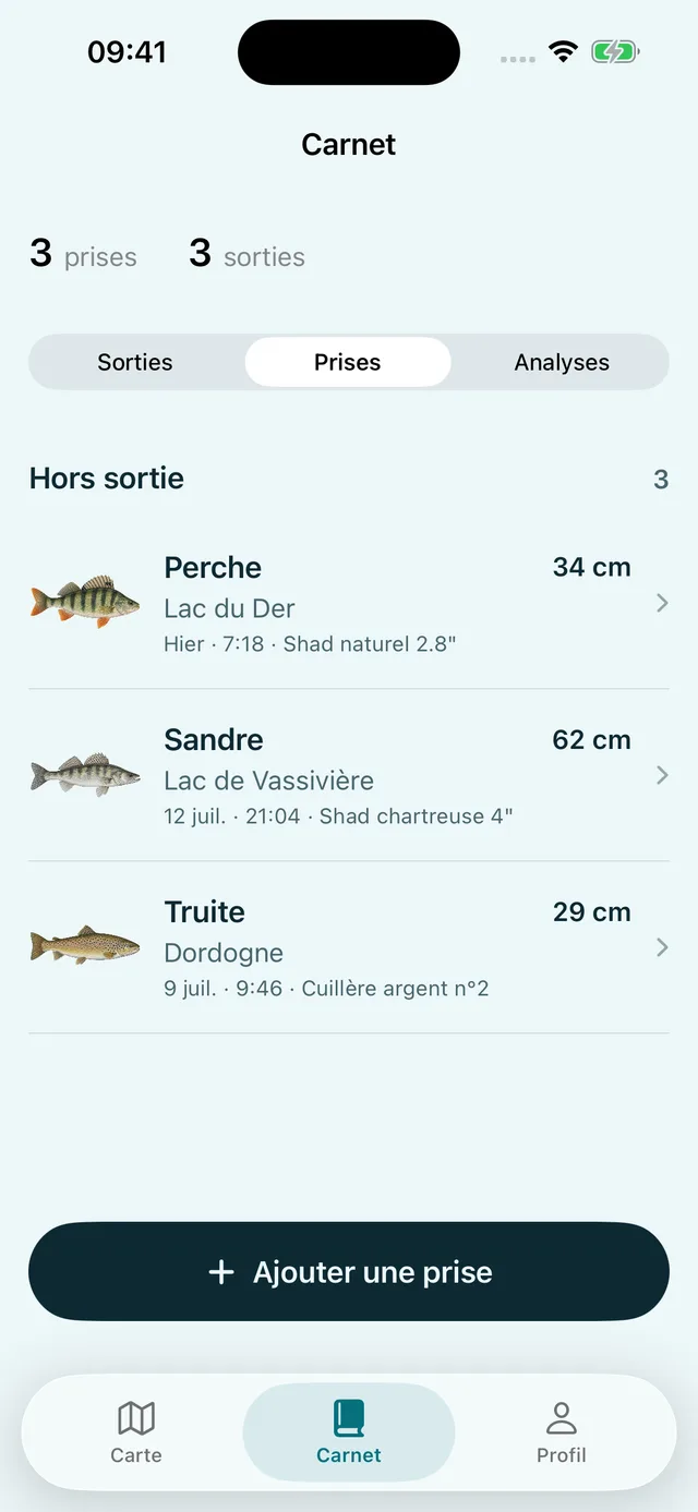 Aperçu du carnet de pêche sur iPhone avec des données de démonstration